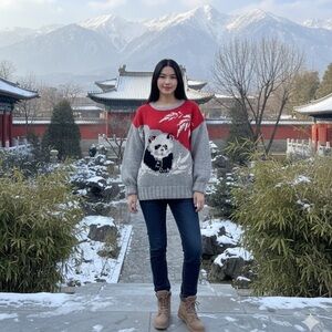 Vintage Woolrich knit pullover sweater Panda Bear bamboo detail 100% pure wool